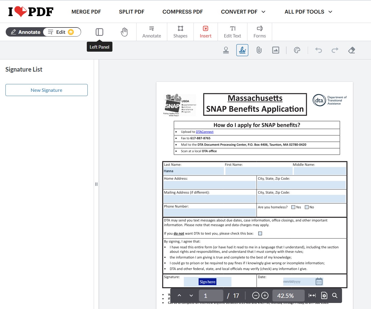 iLovePDF PDF editor interface